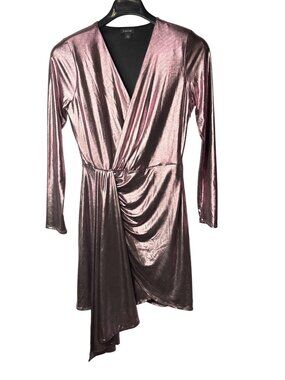 Cache Drapey Faux Wrap Dress Size 4 Metallic Pink Shoulder Pads Lined Above Knee